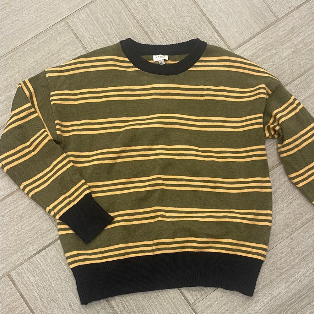 Le Lis Olive and Yellow Striped Crewneck Sweater